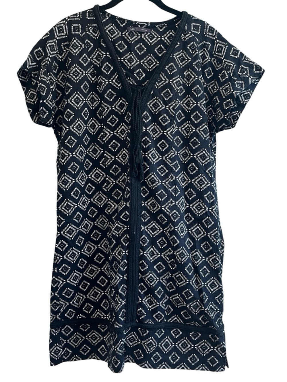 M&S Linen Blend Shift Dress UK 12  US 8 Black White Print Lace Trim Resort